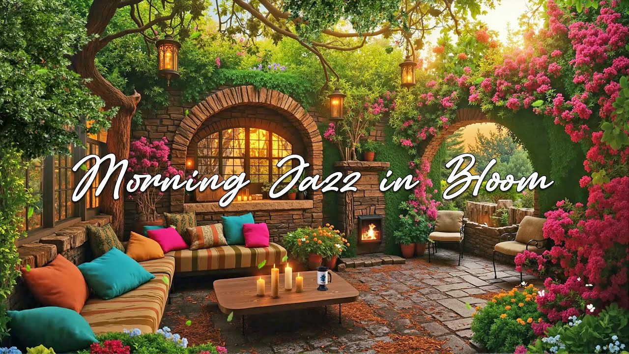 Morning Jazz in Bloom 🌸 Cozy Garden Cafe Vibes with Soft Light & Warm Fireplace