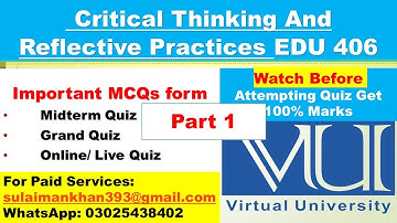 1. Critical Thinking and Reflective Practice Edu 406 Grand/Midterm/Live/Online Quiz Important MCQs
