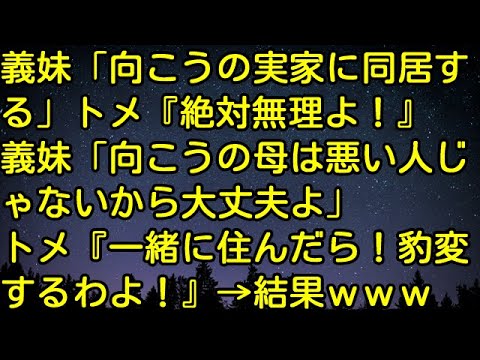 【スカッとする話】義妹「向こうの実家に同居する」トメ『絶対無理よ！』義妹「向こうの母は悪い人じゃないから大丈夫よ」トメ『一緒に住んだら！豹変するわよ！』→結果ｗｗｗ　スカッとしようぜチャンネル