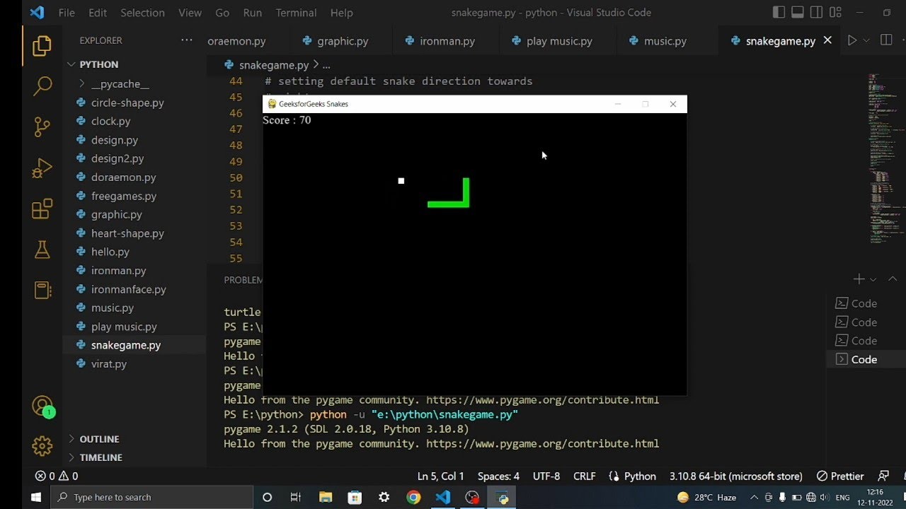Snake game in python #python #turtle #gaming #programming #game - YouTube