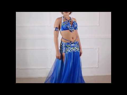 Charming Blue Belly Dance Costume with Flowers