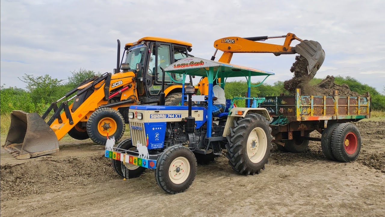 New model Swaraj 744 XT Tractor fully heavy loaded trolley by JCB 3DX