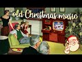 Old christmas music in the 1950s with cartoons playing on tv while its snowing outside