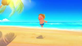 A cartoon animated sunny beach scene with warm sand a hot tropical feel bright sunlight