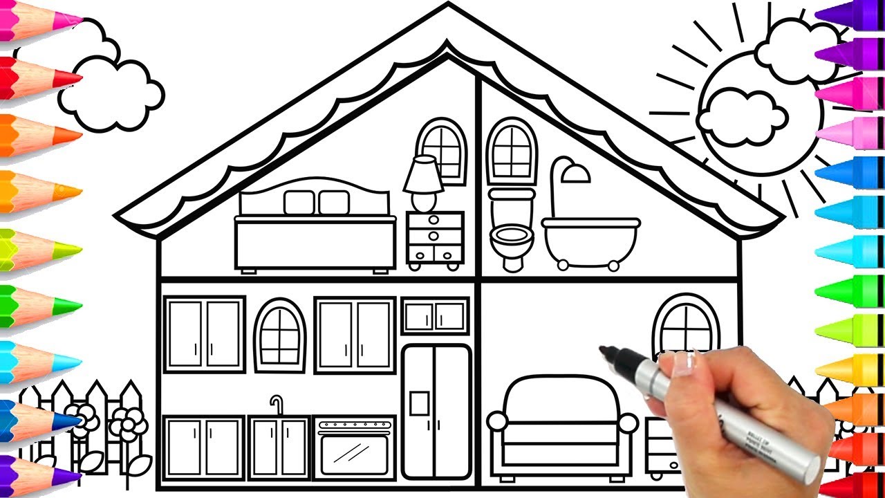 Doll House Drawing and Coloring - How to Draw Cute House 