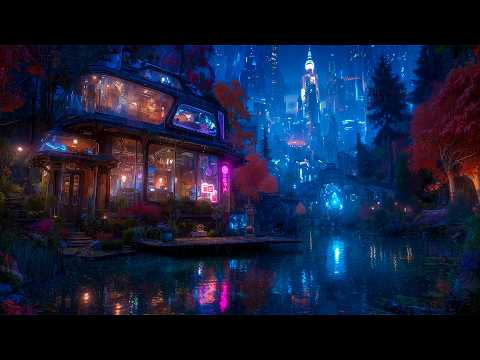 Ambient Cyberpunk - Rainy Neon Lakehouse Sanctuary | Immersive Rainy Soundscape for Deep Sleep | 4k
