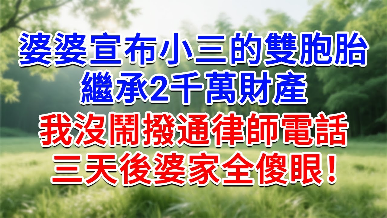 婆婆宣布小三的雙胞胎，繼承2千萬財產，我沒鬧撥通律師電話，三天後婆家全傻眼！#為人處世#生活經驗#情感故事#故事#小說#戀愛#情感#婚姻