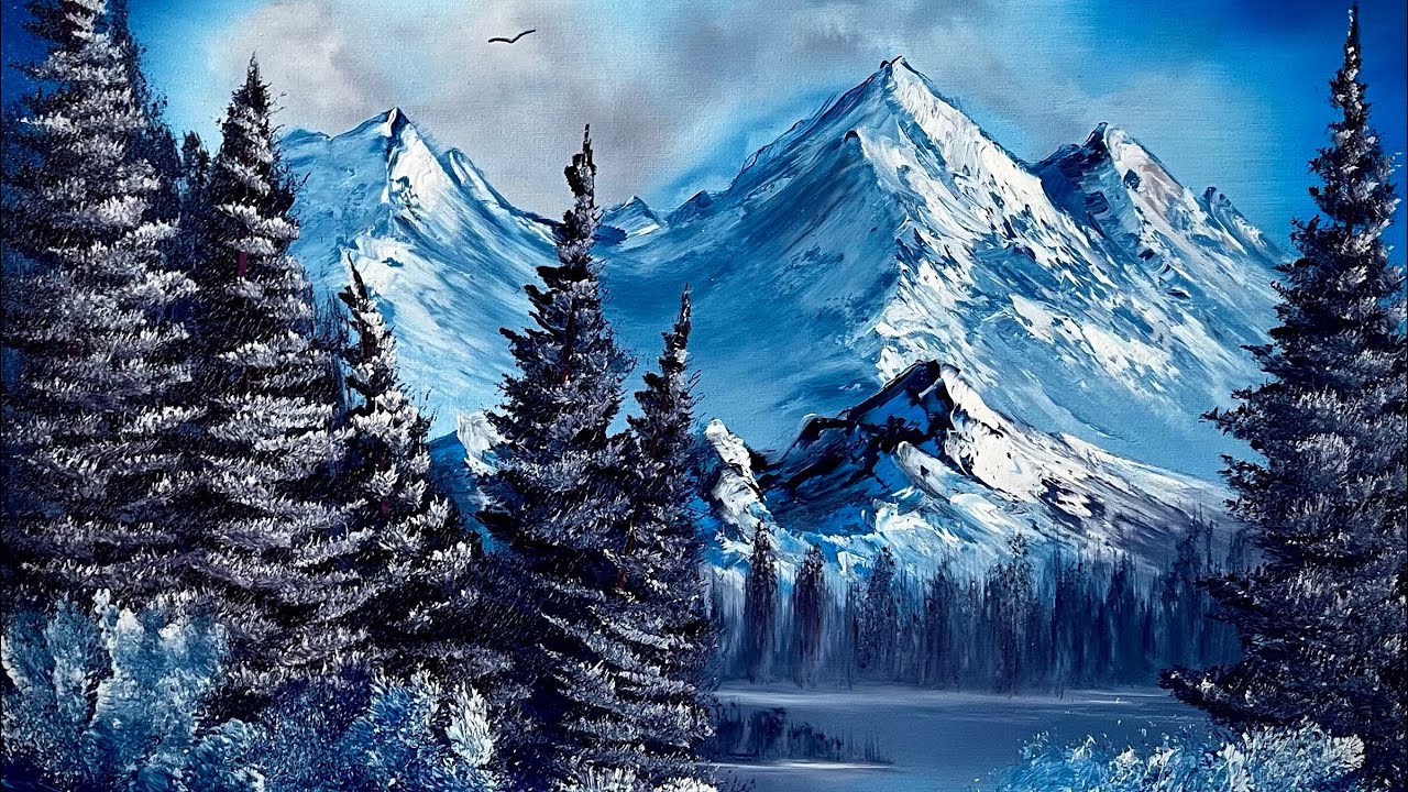 Following A Bob Ross Painting/ 3 Color Painting Challenge/Easy snowy winter  scenery painting 