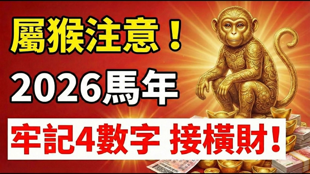 生肖猴，2026年丙午馬年，你的偏財旺，這4個數字很神奇，記住用它，橫財有驚喜！#2026生肖猴運勢 #生肖猴 #偏財運 #招財 #數字能量 #屬猴2026運勢 #屬猴 #丙午馬年 #財運 #幸運數字