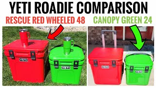 Yeti Roadie 24 vs Roadie 48 Wheeled Cooler Rescue Red & Canopy Green Comparison