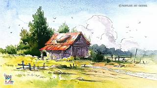 Water Color Painting And Pen Drawing Wooden House In Scenery Art