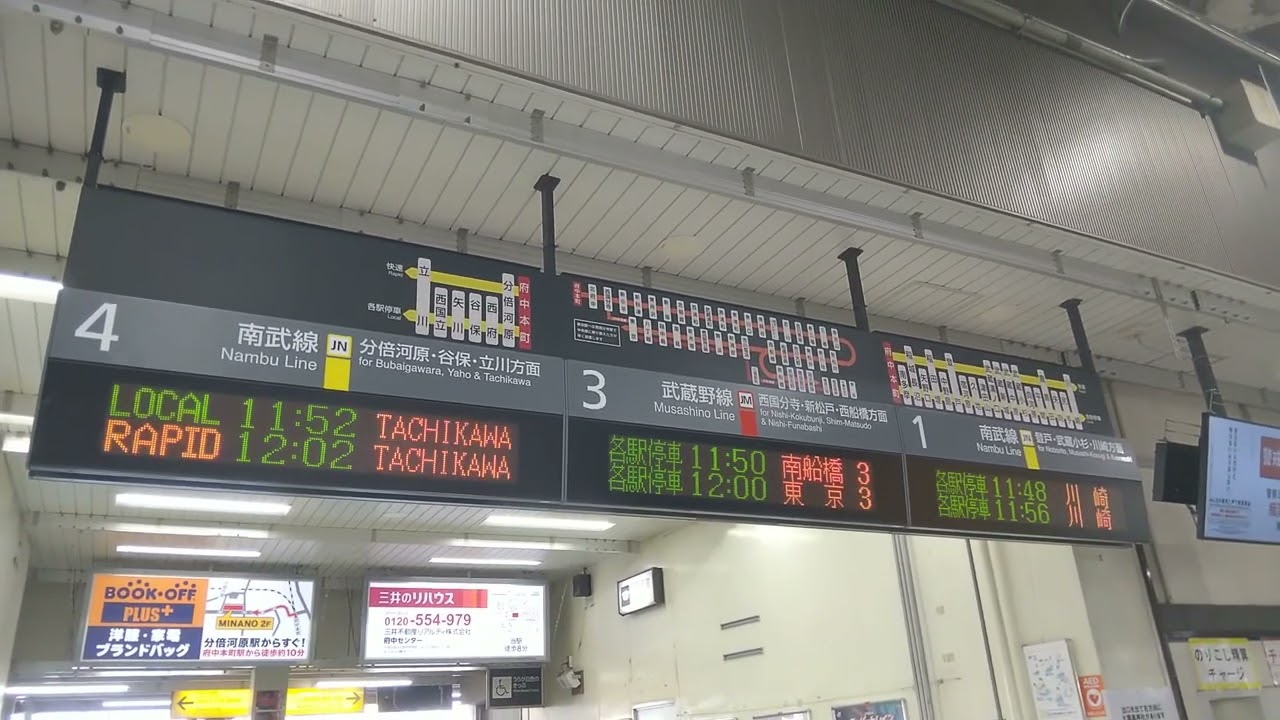 府中本町駅｜改札口の発車標（武蔵野線と南武線の種別・行先・発車時刻