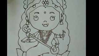 Cute Sarswati mata outline drawing|Maa sarswati drawing step by step