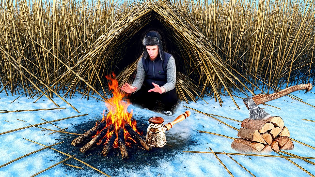 Winter Survival, Building a Shelter in the Reeds by the Frozen River ...
