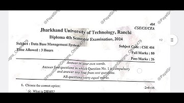 Jharkhand Diploma 4th Semester DBMS |PYQ| 2024| CSE | #questionpaper #Diploma #4thsem #pyq #2024
