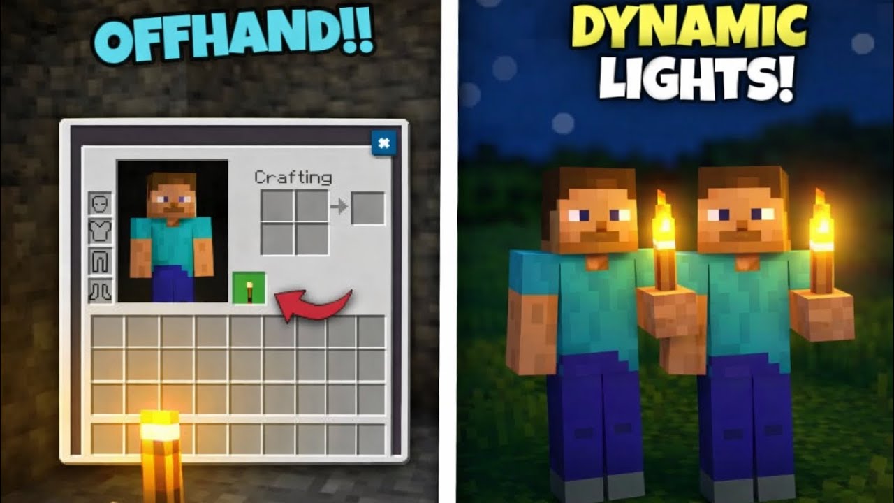 Best Dynamic Lights mod & Addon For MCPE 1.26+🤯|| Best Offhand Torch ...