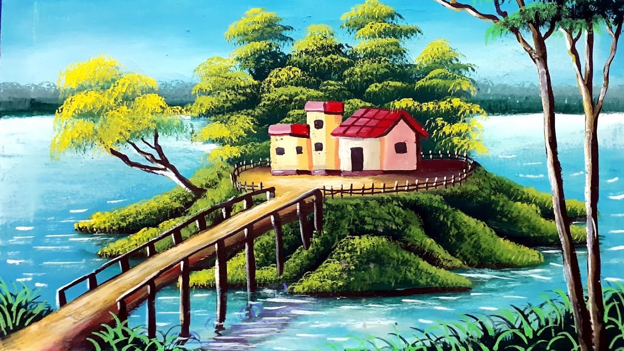 A house in a lake || beautiful nature scenery painting for ...