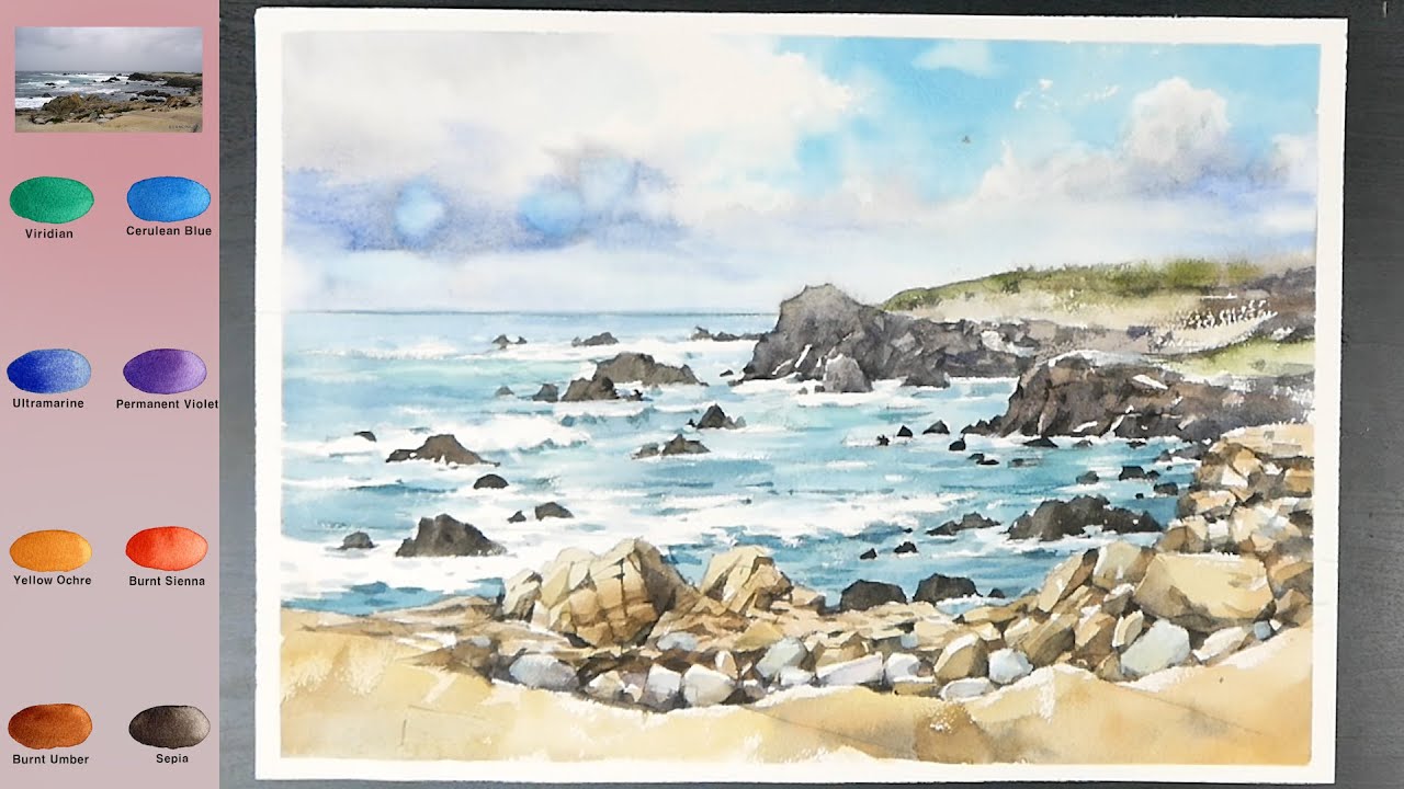 Пейзаж, акварель - Морской пейзаж (3-кратная скорость, см. названия цветов) NAMIL ART