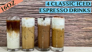 4 CLASSIC ESPRESSO DRINKS: LATTE, CAPPUCCINO, MOCHA, CARAMEL MACCHIATO - RECIPES FOR 16OZ CUPS