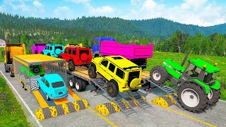 Flatbed Trailer Cars Transportation with Truck - Speedbumps vs Cars vs Train - BeamNG.Drive #07