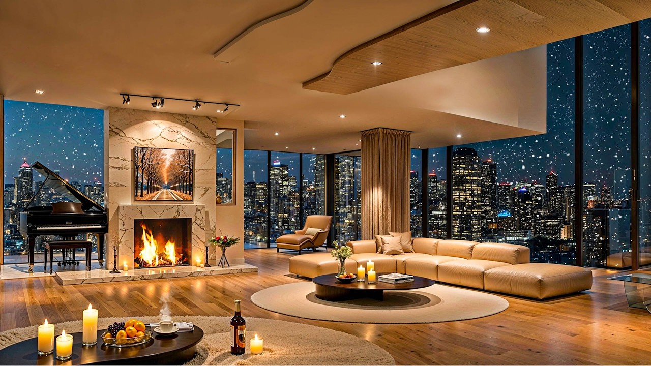 Snowy Winter Jazz 🌌 Cozy Apartment Ambience 🔥 Fireplace Sounds for Work & Study
