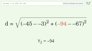 Find the distance between two points p1 (-3,-67) and p2 (-45,-94): Step-by-Step Video Solution