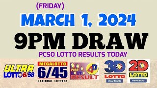 Lotto Result today 9pm draw March 1, 2024 6/58 6/45 4D Swertres Ez2 PCSO#lotto