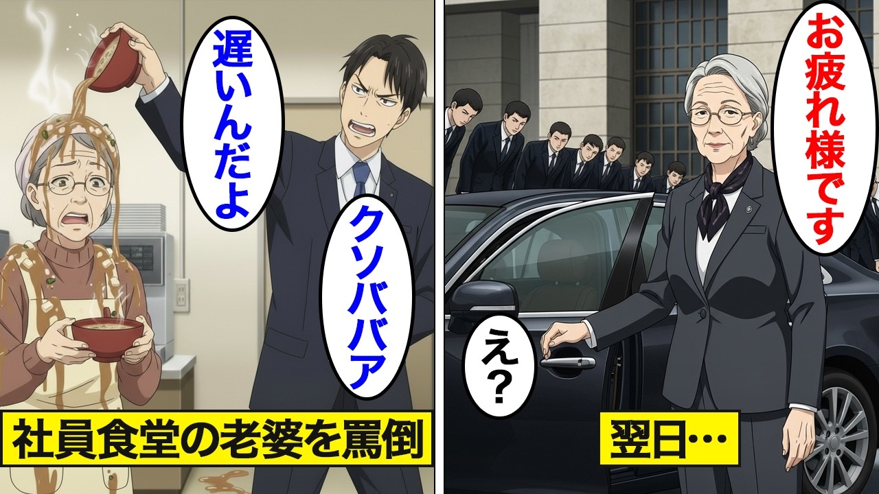 【漫画】社員食堂で働く老人に味噌汁をぶっかけた高学歴社員。→翌日店前に続々と黒塗り高級車が集まり…【スカッと】