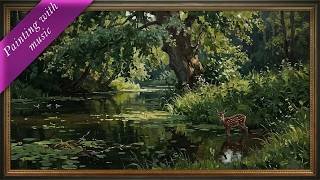 Roe deer by a forest pond - framed summer painting with relaxing music | 4K TV art screensaver - 5 h screenshot 3