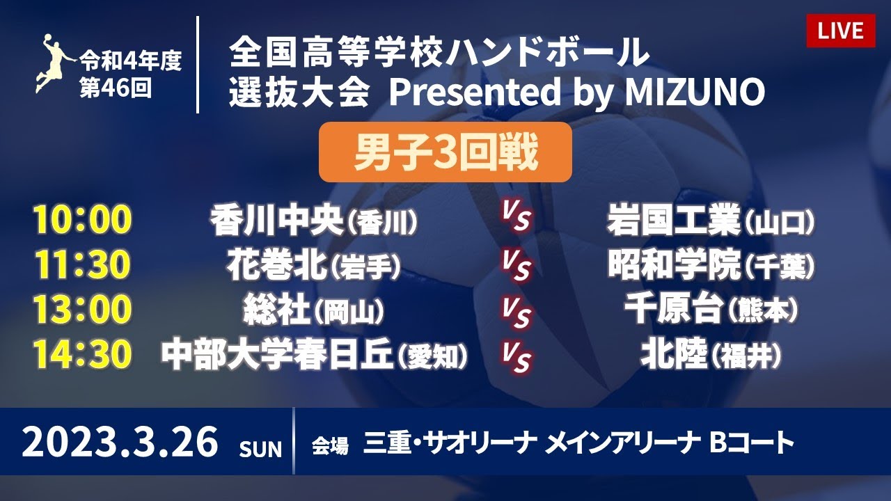 【男子3回戦Bコート】第46回ハンドボール高校選抜 | 2023年3月26日 | サオリーナ | Presented by MIZUNO