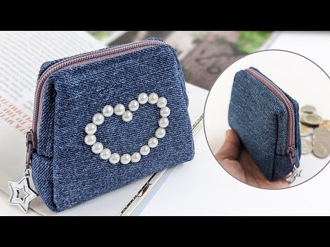 DIY Sweet Embellished Denim Coin Purse With Zipper Out of Old Jeans