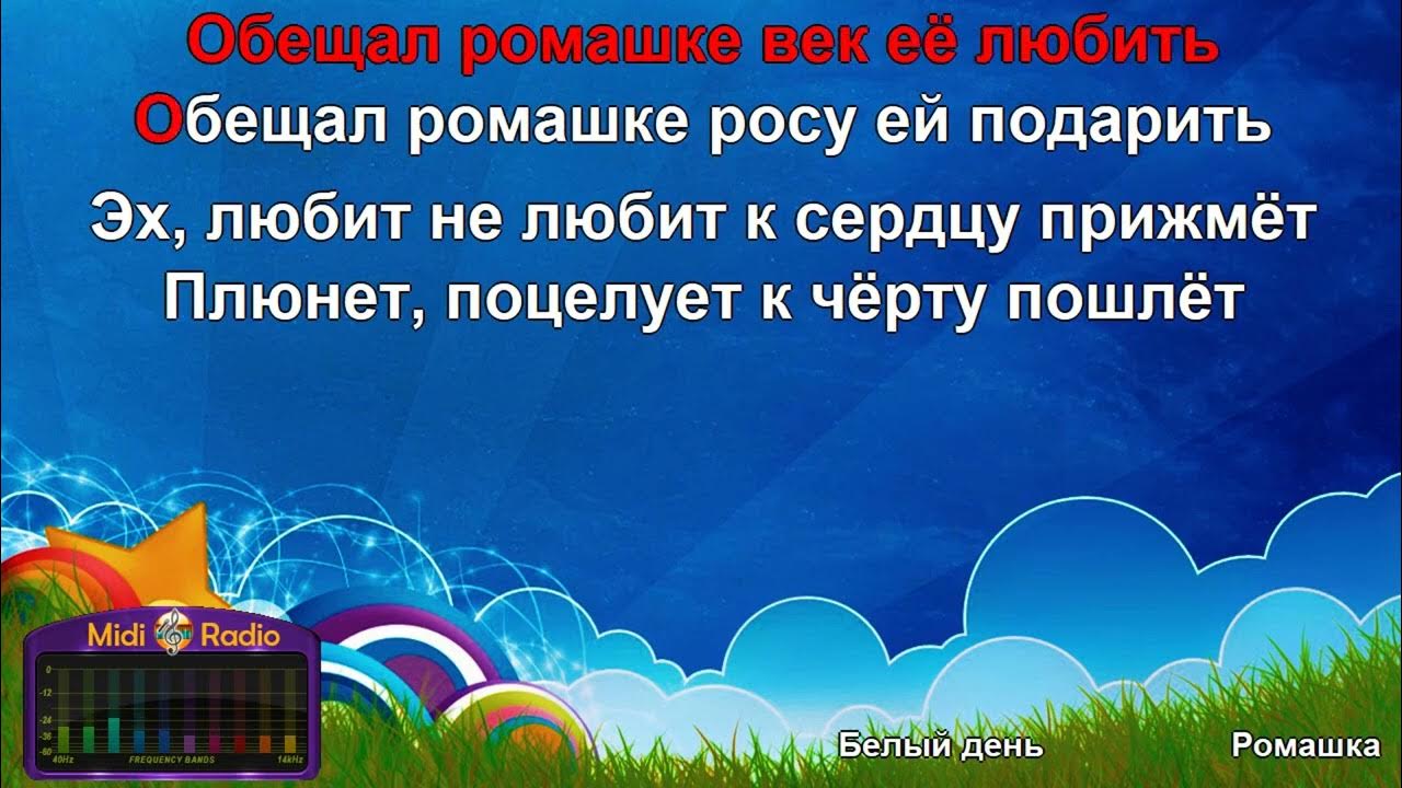 Ромашки караоке со словами. Караоке Ромашка Ромашка цветок полевой. Ромашка Ромашка белый лепесток текст. Песня Ромашка Ромашка белый лепесток Ноты.