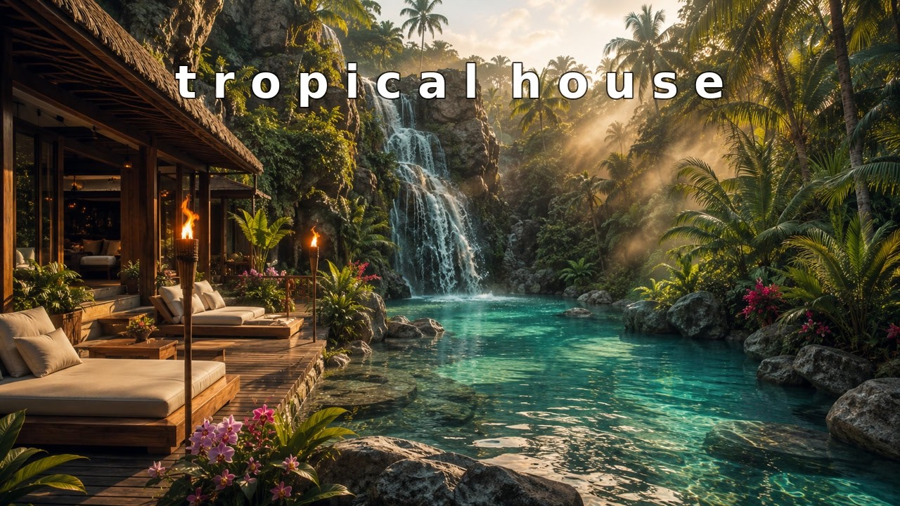 Tropical House Paradise | Villa Waterfall Pool at Golden Hour | Summer Beats to Relax & Unwind