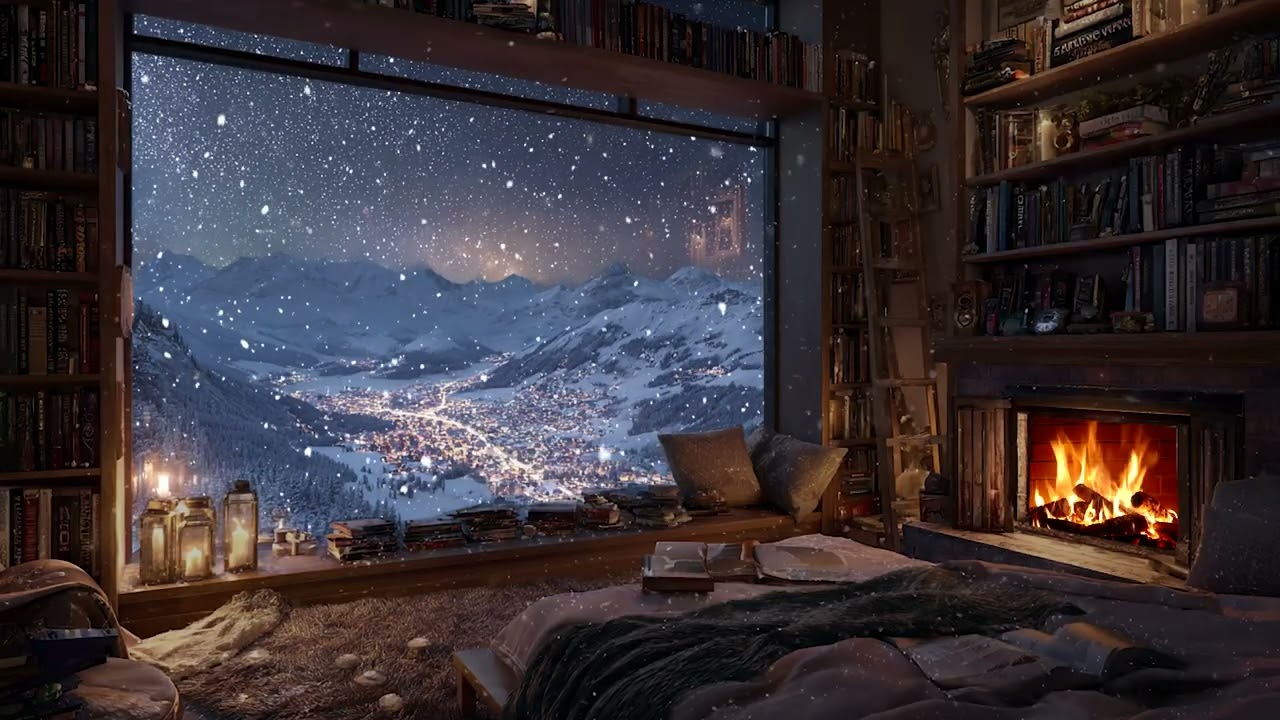 Cozy Winter Cabin Night | Gentle Snowfall and Fireplace Warmth for Peaceful Sleep