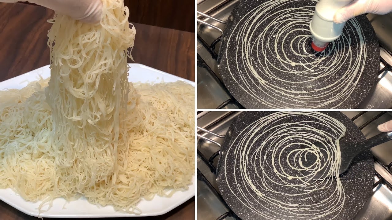 عجينة الكنافة بشويه دقيق ومايه مكونات وكمان بزجاجة فارغة تقدري تشكليها بكل سهولة الشيف هناء فهمي