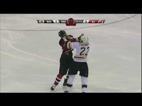 Shawn Thornton fights Pierre-Luc Letourneau-Leblo....