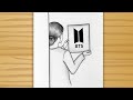 BTS Fan Art Drawings - How to draw a BTS Girl holding bts logo / BTS logo pencil sketch tutorial 