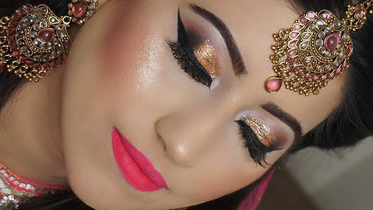 Real Bride  EngagementNikaah Asian Bridal Makeup  Gold Smokey Eyes And Bright Pink Lipstick