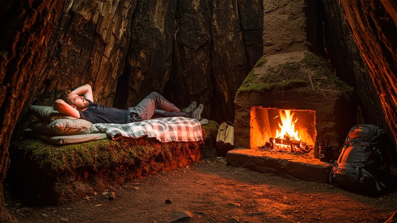 Build a bushcraft shelter in a tree trunk with a warm clay fireplace, a secret hideout for survival