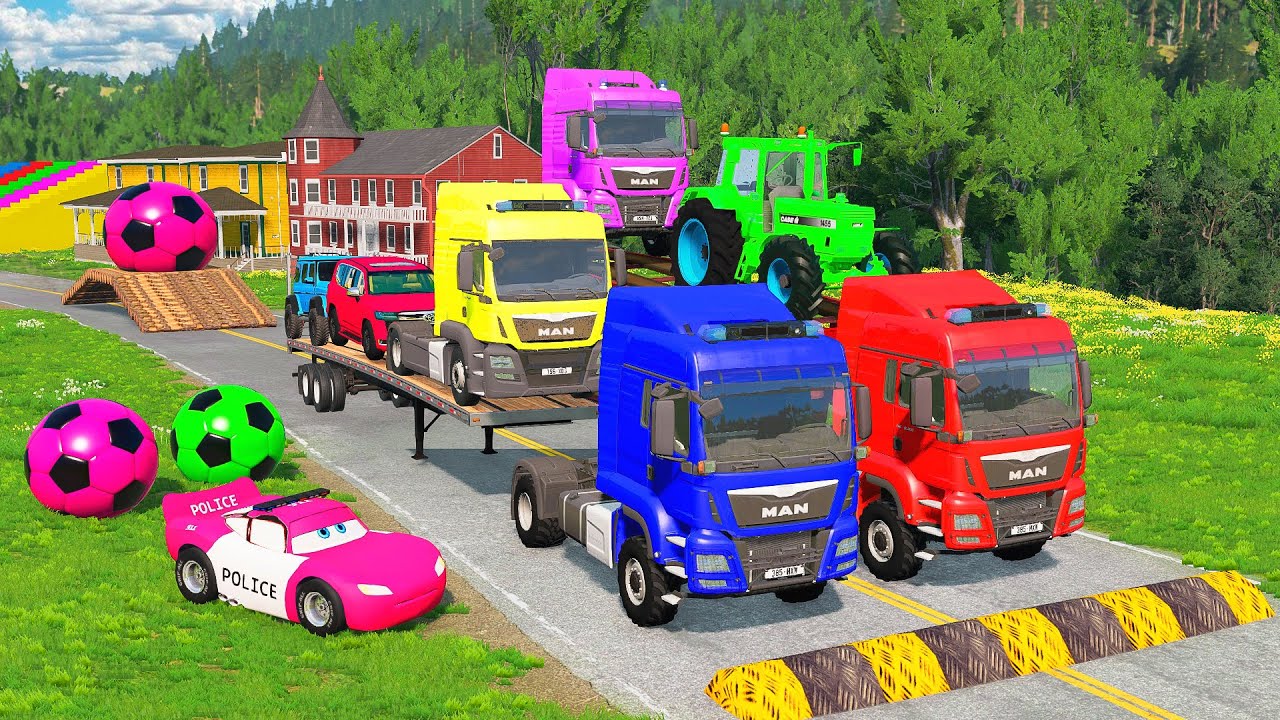 Triple Flatbed Trailer McQueen Transportation with Truck - Speedbumps vs Cars vs Train - BeamNG #2