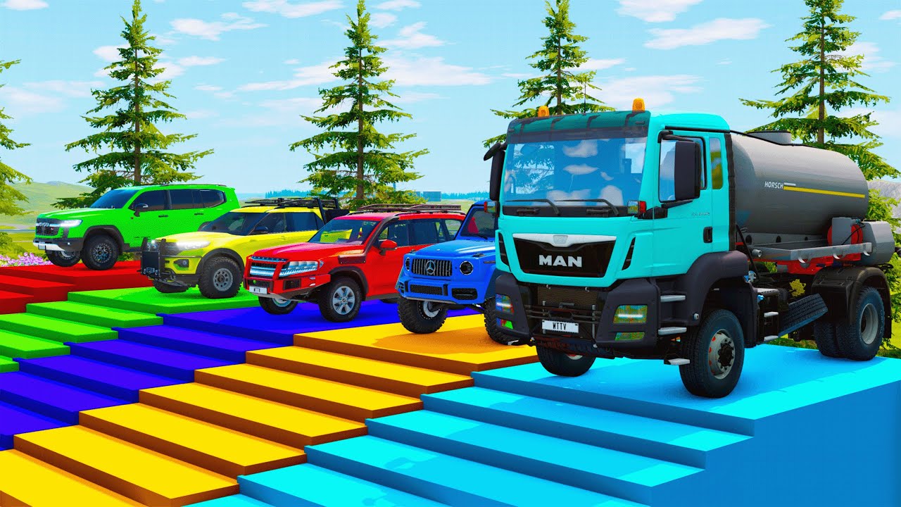 Double Flatbed Trailer Truck vs Gaint Spinner Train vs Bus BeamNG.Drive