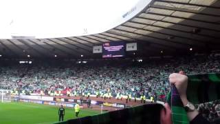 Scottish Cup semi final Hibs 4 Falkirk 3  . Hibs fans celebrate a dramatic come back against Falkirk