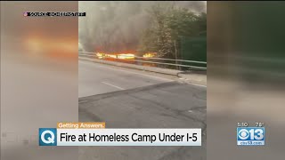 Fire At Homeless Camp Under I-5 In Stockton