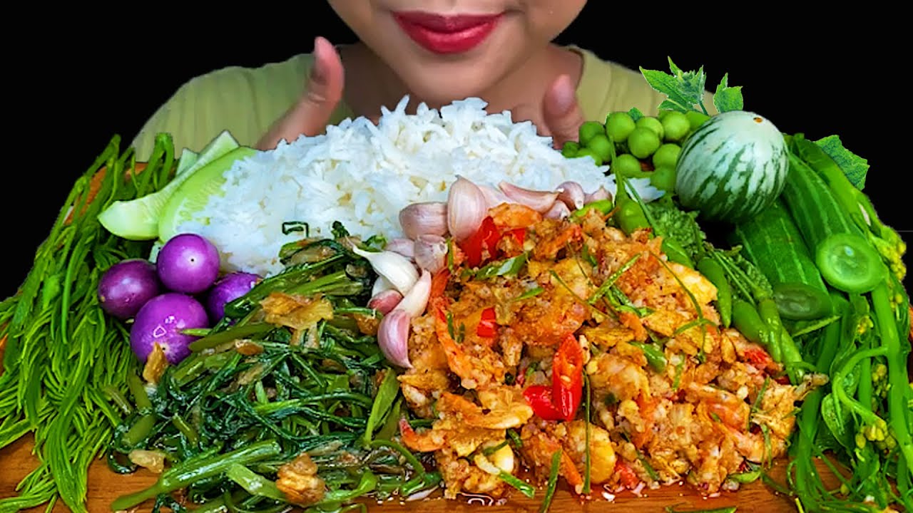 SPICY SHRIMP PICKLED SALAD, STIR FRIED WATER SPINACH  LEAVES & WHITE RICE