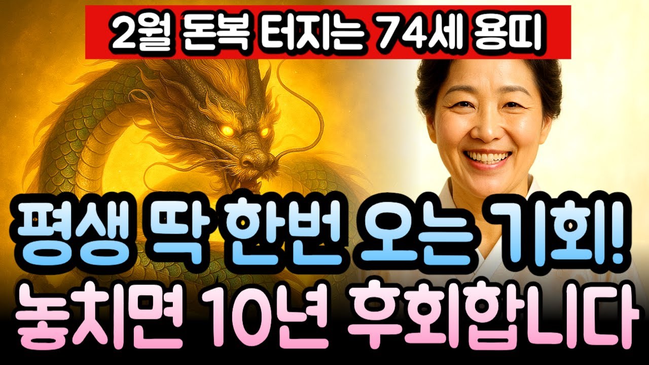 1952년생 용띠 2026년 병오년 2월 운세 임진년생 74세 재물 미쳤다! 금전 쏟아지고 횡재수 겹치는 시기, 용띠 억대 부자 확정 대운 절대 놓치지 마세요.