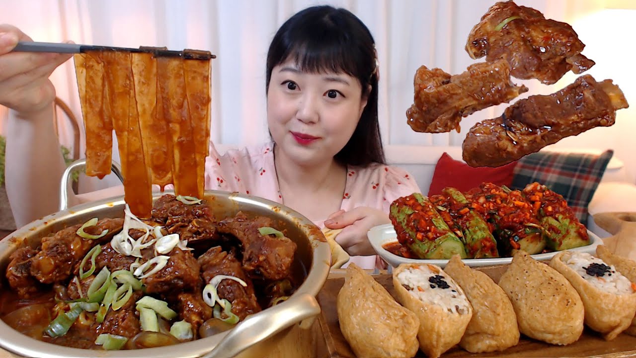 매운돼지갈비찜 납작당면가득🔥 불고기유부초밥 오이소박이 먹방 Spicy Braised Pork Galbi Cucumber Kimchi Koreanfood Mukbang