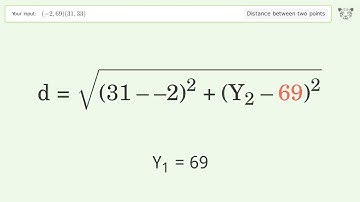 Find the distance between two points p1 (-2,69) and p2 (31,33): Step-by-Step Video Solution