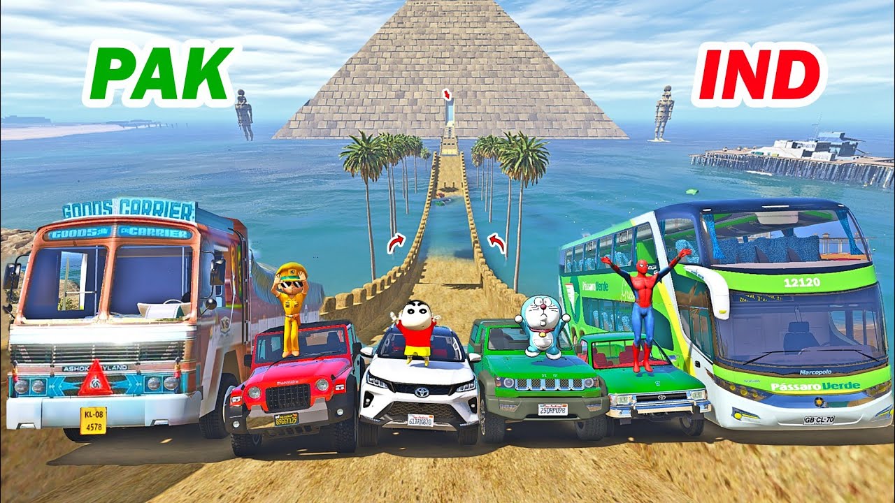 gta 5 Indian cars vs pakistan cars water pyramid jump challenge | gta 5 telugu