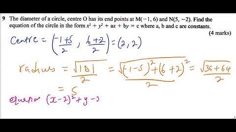2015 KCSE MATHEMATICS PAPER 2 QUESTION 9 equation of a circle
