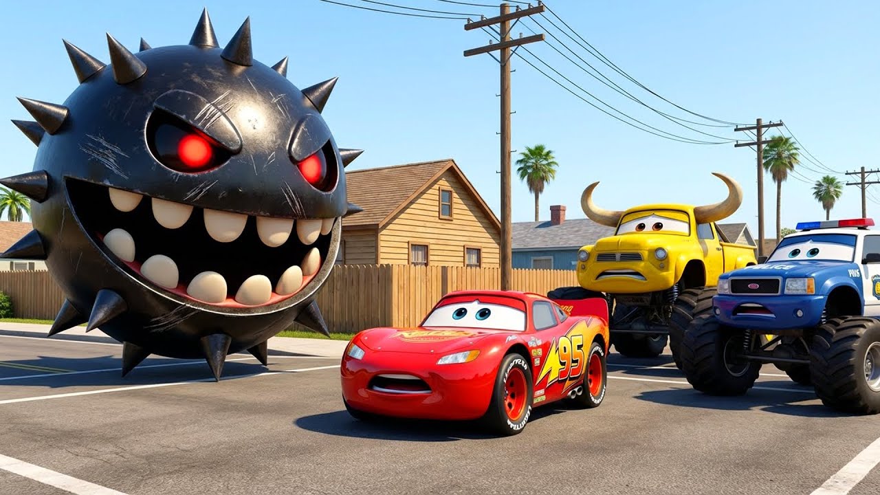 McQueen & Police Car vs Giant Monster Car and Pacman Robot Nail – Who Is the Superhero?